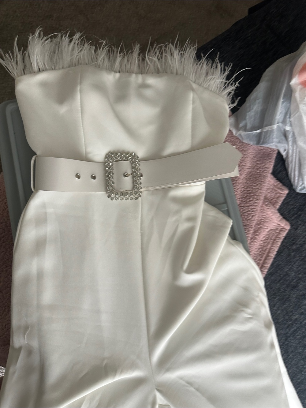 12th Tribe White Feather Trim Strapless Jumpsuit with Pearl Buckle Belt